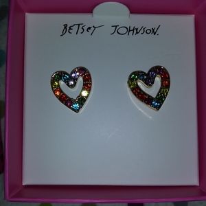 Betsey Johnson Pierced Rainbow Heart Earrings With Jewels NWT